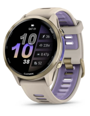 Garmin Forerunner 970 – Soft Gold Titanium with French Gray Case and French Gray/Translucent Indigo Band